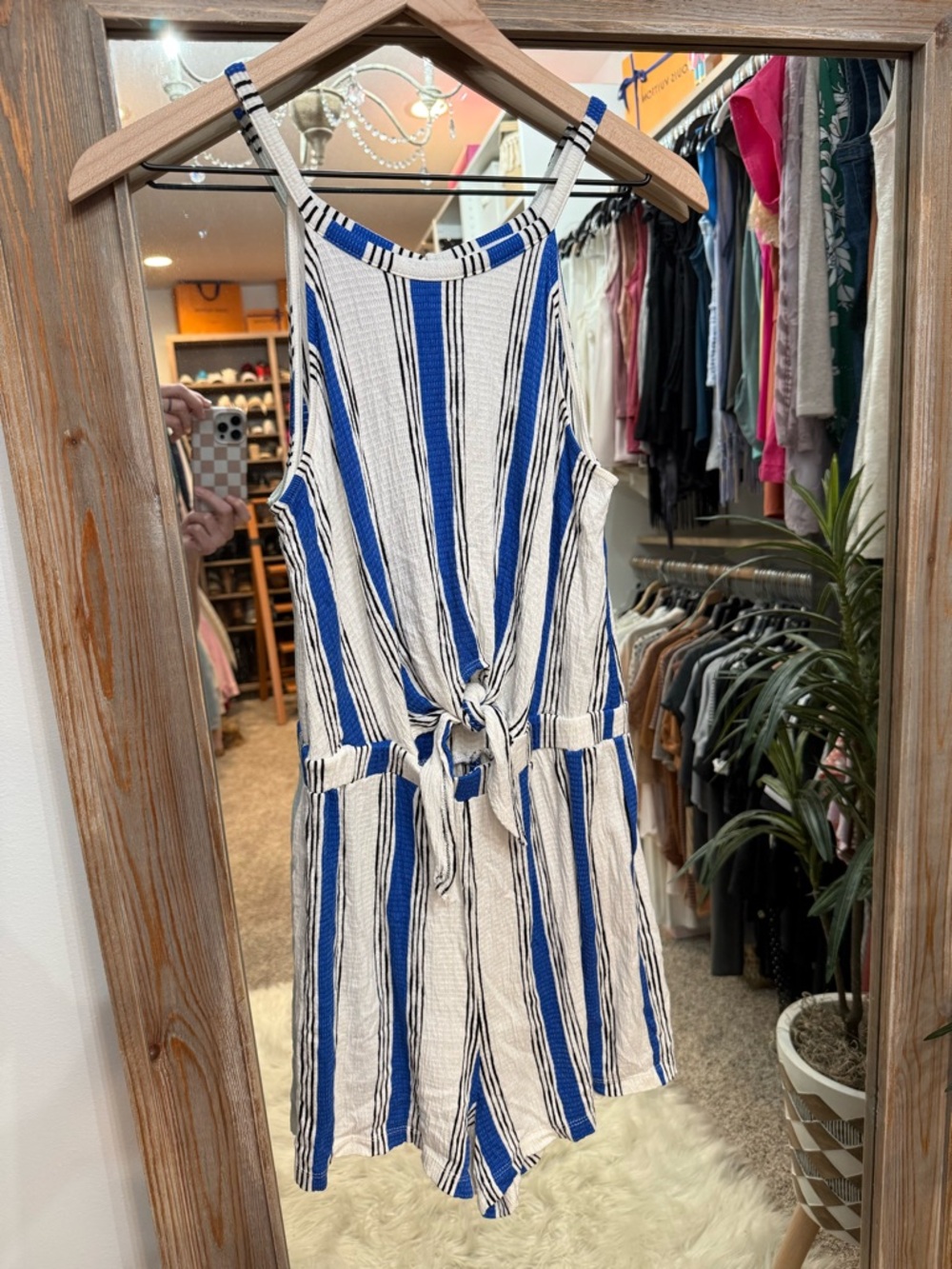 Blue, White & Black Striped Tie-Front Romper